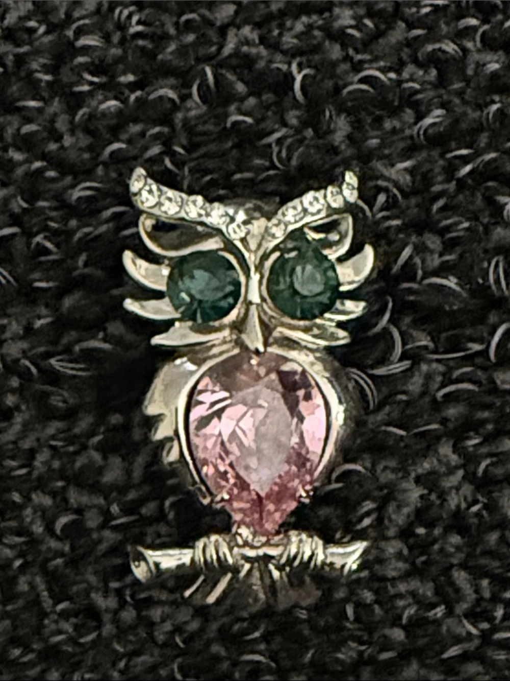 Fashion Jewelry Silver-Tone Owl Brooch with Pink and Green Stones